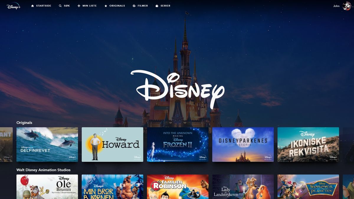 Página de inicio de Disney+ con una variedad de contenido.