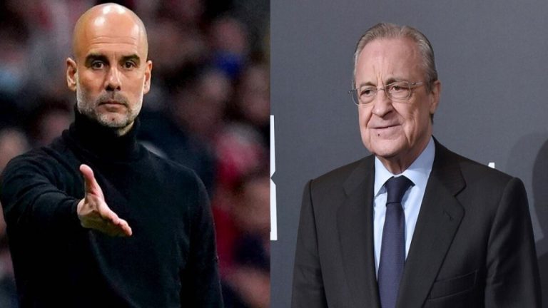 Imagen de Florentino Pérez junto a Pep Guardiola, representando la tensión competitiva por Florian Wirtz.