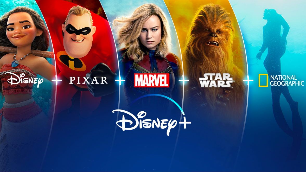 Logo de Disney+ rodeado de personajes emblemáticos